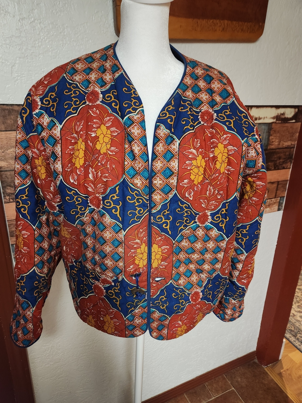Vintage Quilted Artisan Jacket - Batik Patchwork Floral Print with Chinese Coin